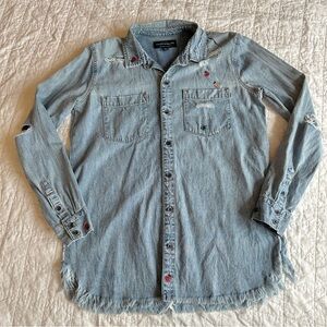 Lucky Brand Distressed Denim Shirt  Embroidery Bugs